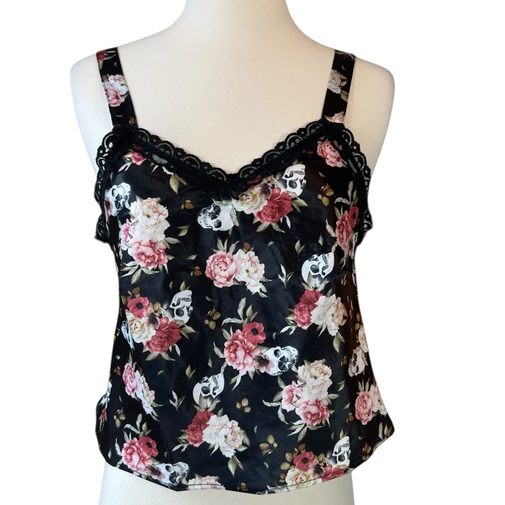 Hot Topic Skull & Flowers Satin & Lace Strappy Tank Top